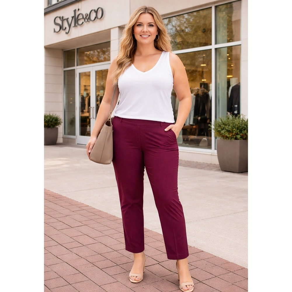 Style & Co Womens‎ Burgundy Slim Leg Ankle Dress Pants Wine Red Slacks